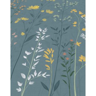   Akvarell botanikai vázlat karcsú réti virágokkal petrolkék citromsárga korall olívzöld és törtfehér tónus falpanel