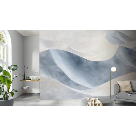 Felnagyított "folyékony" hullámformák organikus hatású akvarell panorámája porcelánfehér kék és szürkéskék tónus falpanel