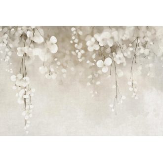   Fagyott harmatcseppek lebegek a falon - elmosódott fényfoltú virágok meleg bézs/homokszín szürkésbarna és fehér tónus falpanel
