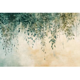   Suttogó fűzfalevelek ezrei ereszkednek alá panoráma meleg homoksárga kékeszöld méregzöld és olívzöld tónus falpanel