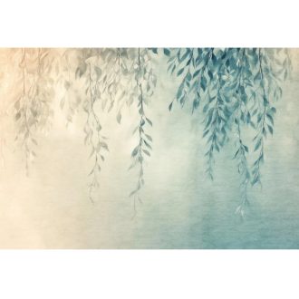   Hajnali köd és a fűzfaágak találkozása - kies levelek ereszkednek panoráma meleg homokszín tealzöld kékeszöld és ezüst tónus falpanel