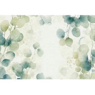   Akvarell áttetsző eukaliptuszlevelek lebegnek finoman izzó háttéren krémfehér halvány zöld teal és sárgászöld tónus falpanel
