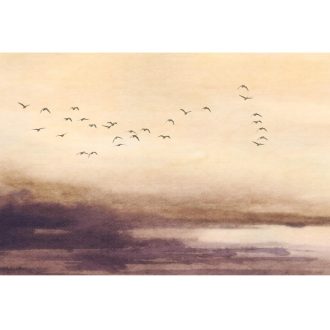   A szabadság pillanata! Madárraj akvarell ködös koptatott texturán szürkésbarna sárgáskrémtől a mélylila-barnás tónusig falpanel