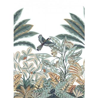   Mozgalmas és változatos trópusi levélzet grafikus minta fehér zöld sárga és szürke tónus falpanel