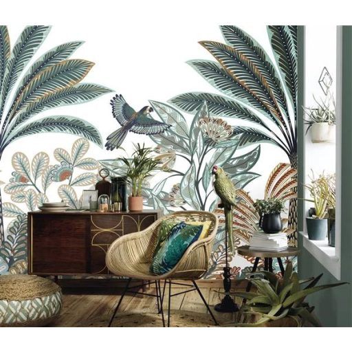 Mozgalmas és változatos trópusi levélzet grafikus minta fehér zöld sárga és szürke tónus falpanel