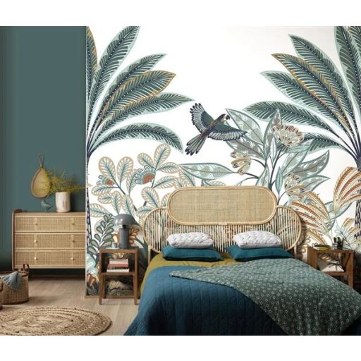 Mozgalmas és változatos trópusi levélzet grafikus minta fehér zöld sárga és szürke tónus falpanel