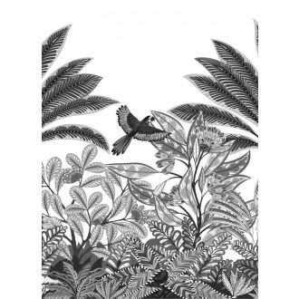   Mozgalmas és változatos trópusi levélzet grafikus minta fehér szürke és fekete tónus falpanel
