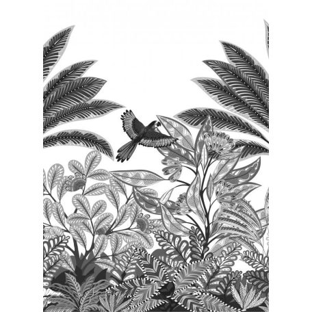 Mozgalmas és változatos trópusi levélzet grafikus minta fehér szürke és fekete tónus falpanel