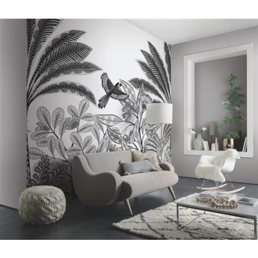 Mozgalmas és változatos trópusi levélzet grafikus minta fehér szürke és fekete tónus falpanel