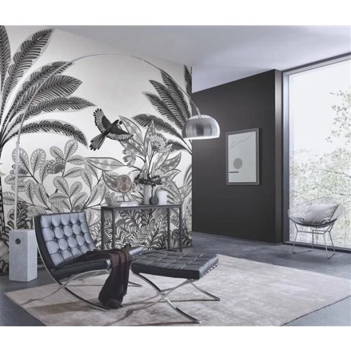Mozgalmas és változatos trópusi levélzet grafikus minta fehér szürke és fekete tónus falpanel