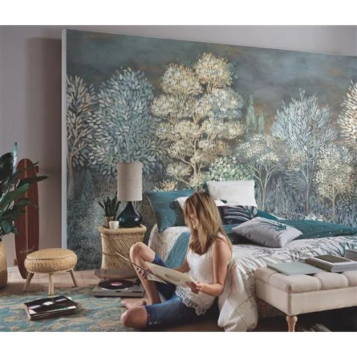 Pompás természeti kép - Idilli erdőrészlet kék szürke kékeszöld bézs és szürke tónus falpanel