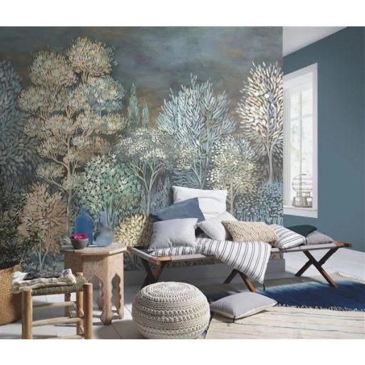 Pompás természeti kép - Idilli erdőrészlet kék zöld mályva rózsaszín fehér és szürke tónus falpanel