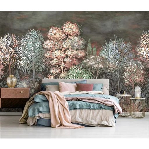 Pompás természeti kép - Idilli erdőrészlet kék zöld mályva rózsaszín fehér és szürke tónus falpanel