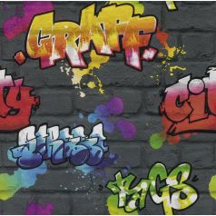   Rasch Kids & Teens III, 237801 Gyerekszobai Street Style graffiti téglafalon antracit szines tapéta