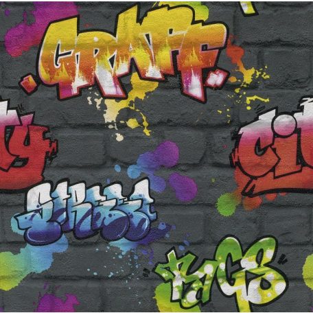 Rasch Kids & Teens III, 237801 Gyerekszobai Street Style graffiti téglafalon antracit szines tapéta