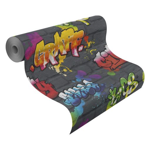 Rasch Kids & Teens III, 237801 Gyerekszobai Street Style graffiti téglafalon antracit szines tapéta