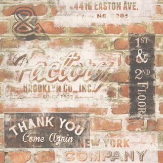   Nagyvárosi legenda kel életre - régi Brooklyni gyár táglafala feliratokkal tégla/rozsdavörös krém szürke és szürkésbarna tónus tapéta