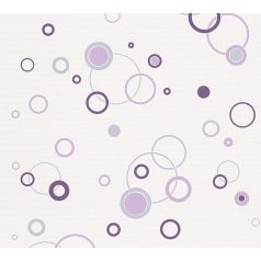   Változatos méretű összefonódó körök grafikus mintája fehér orgonalila ezüst és lila tónusok fémes hatás tapéta