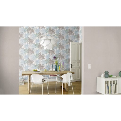 Rasch Bambino XIX 252644 Gyerekszobai természetes friss karakter szines levelek fehér világoskék zöld szürkésbarna tapéta