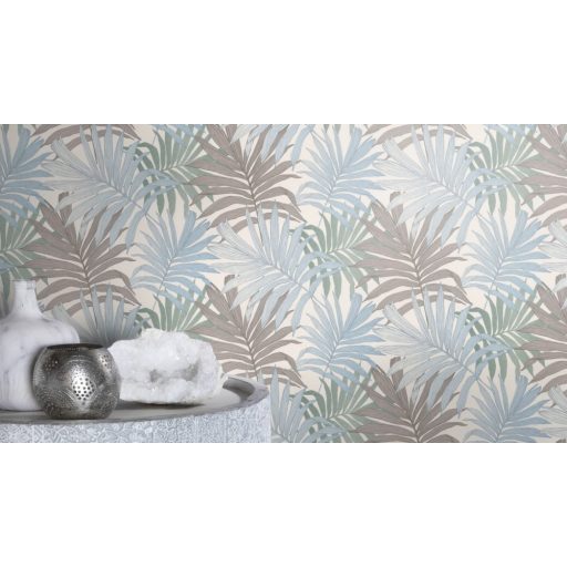 Rasch Bambino XIX 252644 Gyerekszobai természetes friss karakter szines levelek fehér világoskék zöld szürkésbarna tapéta