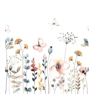   Rasch Bambino XIX 253276 Gyerekszobai Pillangók a virágos akvarell rét felett fehér szines pasztell tónusok falpanel