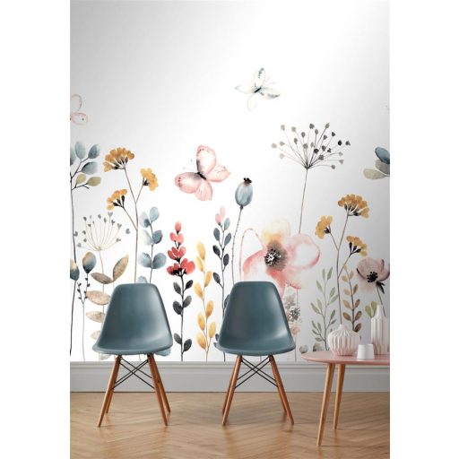 Rasch Bambino XIX 253276 Gyerekszobai Pillangók a virágos akvarell rét felett fehér szines pasztell tónusok falpanel