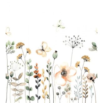   Rasch Bambino XIX 253283 Gyerekszobai Pillangók a virágos akvarell rét felett fehér sárga zöld szines pasztell tónusok falpanel