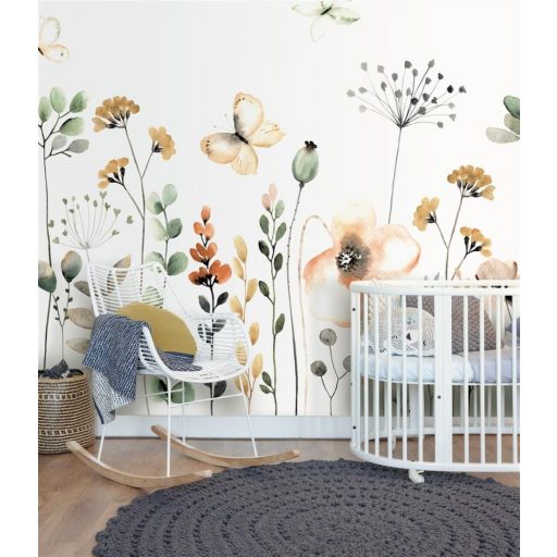 Rasch Bambino XIX 253283 Gyerekszobai Pillangók a virágos akvarell rét felett fehér sárga zöld szines pasztell tónusok falpanel