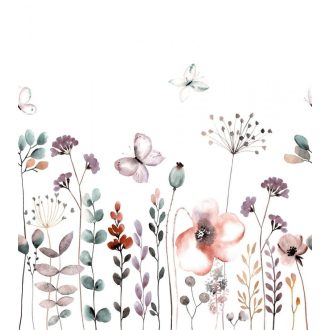   Rasch Bambino XIX 253290 Gyerekszobai Pillangók a virágos akvarell rét felett fehér lila zöld szines pasztell tónusok falpanel