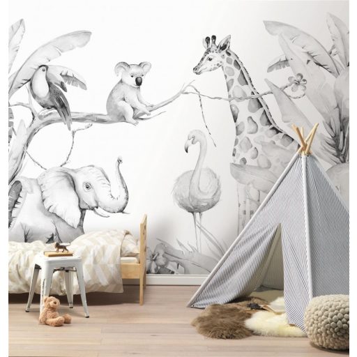 Rasch Bambino XIX 253320 Gyerekszobai Állatsereglet a trópusokon fehér szürke fekete falpanel
