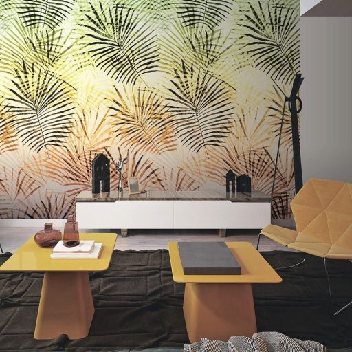 Lutece California Nostalgie 21170204 DECOR MURAL GRANDES FEUILLES Natur trópusi nagyméretű pálmalevelek sárga zöld narancs terra fekete falpanel