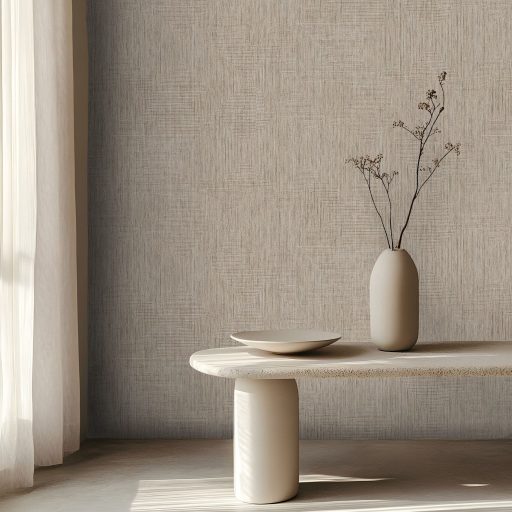 Természetes lenszövet hatású strukturált minta sötét lenszín - meleg szürkésbarna finom aranysárga és krémszín tónus tapéta