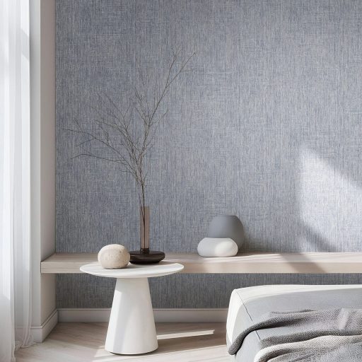 Természetes lenszövet hatású strukturált minta kék/szürkéskék/acélkék fehér és világosszürke tónus tapéta