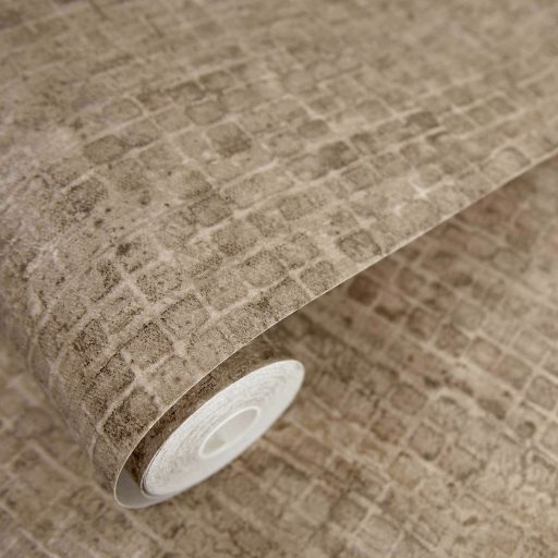 Kopott szőnyegre emlékeztető szabálytalan változatos árnyalatú négyzetek mintája sötét lenszín - mokka bézs és szürke tónus tapéta