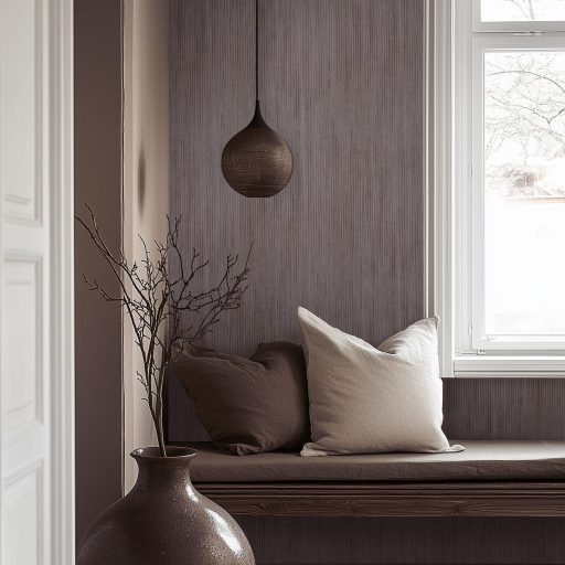 Természetes elegancia megtestesítője! Függőleges vonalvezetésű texturált minta padlizsánlila és szürkésbarna tónus tapéta