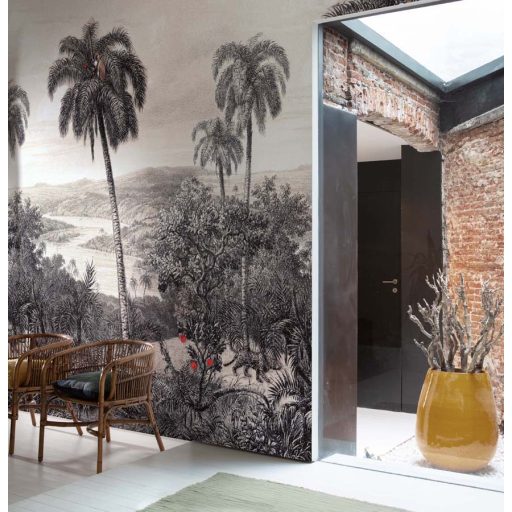 EMIL & HUGO Zanzibar 290324 LEOPARD Natur Trópusi finom rajzolatú dzsungel panoráma leopárddal homokszín antracit digitális panel