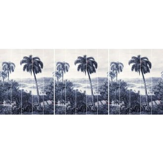   EMIL & HUGO Zanzibar 290331 LEOPARD Natur Trópusi finom rajzolatú dzsungel panoráma leopárddal kőmosott indigókék homokszín digitális panel