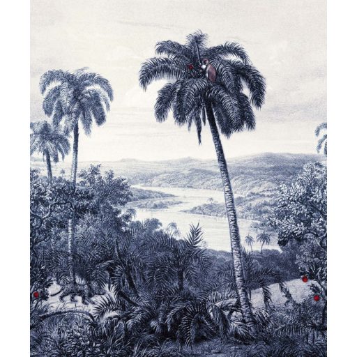 EMIL & HUGO Zanzibar 290331 LEOPARD Natur Trópusi finom rajzolatú dzsungel panoráma leopárddal kőmosott indigókék homokszín digitális panel