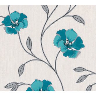   Nagyformátumú ezüstös száron nyíló virágok fehér türkiz fekete és ezüst tónus fémes hatás tapéta