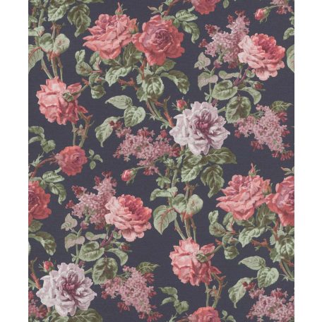Rasch Textil Rivera Virágos díszítőminta pompás rózsa megjelenítés sötétkék rózsaszín korall/piros zöld lila tapéta