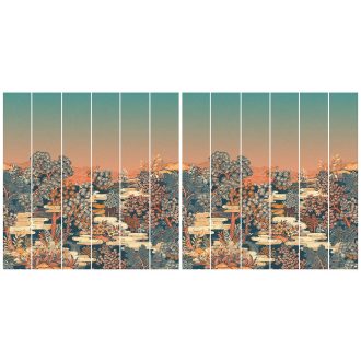   Misztikus és extravagáns naplemente a japán kertben kék zöld narancs terrakotta falpanel