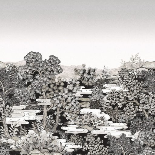 Misztikus és extravagáns naplemente a japán kertben szürke fehér fekete falpanel