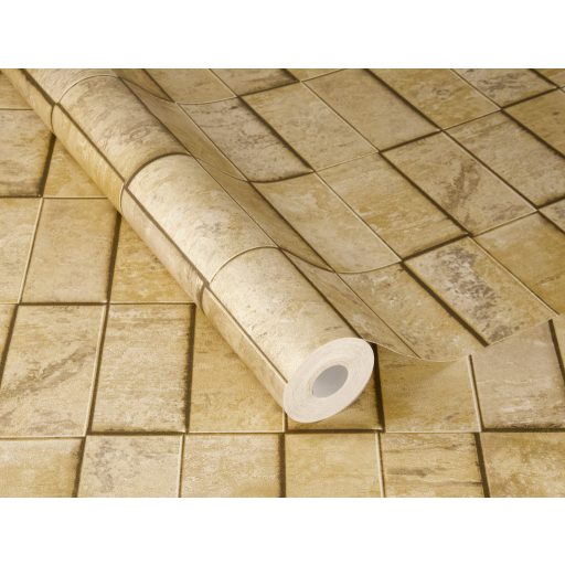 Napsütés befalazva! Szabálytalan patinás téglalap elemek 3D mintája meleg sárgásarany krém és ezüstszürke tónus tapéta