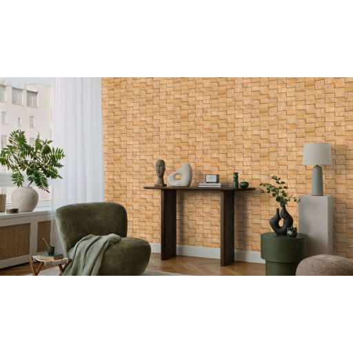 Napsütés befalazva! Szabálytalan patinás téglalap elemek 3D mintája meleg sárgásarany krém és ezüstszürke tónus tapéta