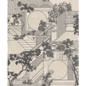   Háromdimenziós japán kert - szigorú vonalak és grafikus botanikai rajzok törtfehér szürke fekete arany tapéta