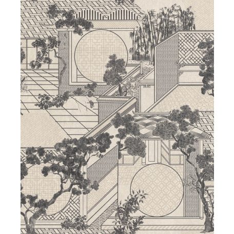 Háromdimenziós japán kert - szigorú vonalak és grafikus botanikai rajzok törtfehér szürke fekete arany tapéta