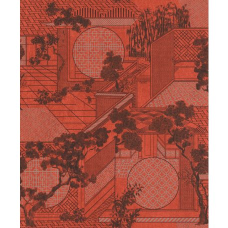 Háromdimenziós japán kert - szigorú vonalak és grafikus botanikai rajzok paprikapiros fekete ezüst tapéta