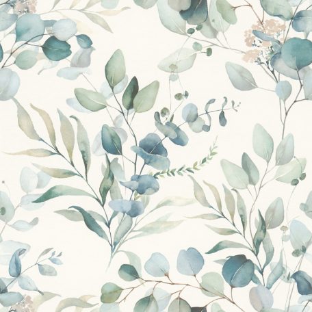 Nem kell mindig virág! - Varázslatos akvarell dekoráció levélágakból fehér kék és zöld tónus tapéta