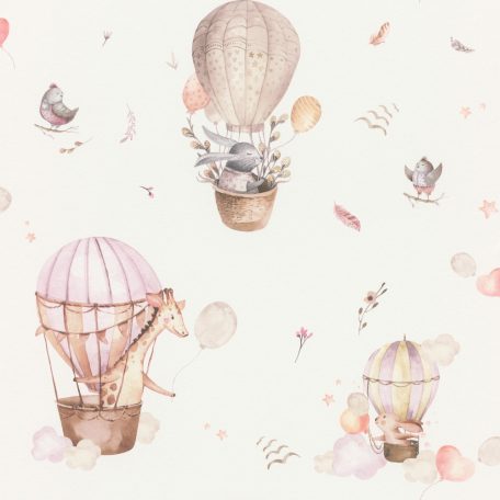 Zsiráfok és nyulak hőlégballonos utazása a felhők között krém bézs pasztell rózsaszín szürke és lila tónus tapéta
