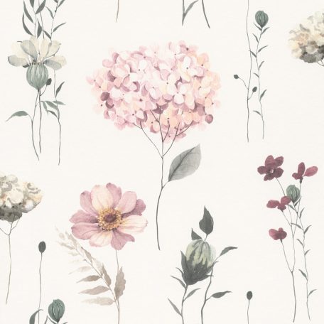 Pompás virágok harmonikus mintája fehér rózsaszín zöld krém bézs és szürke tónus tapéta